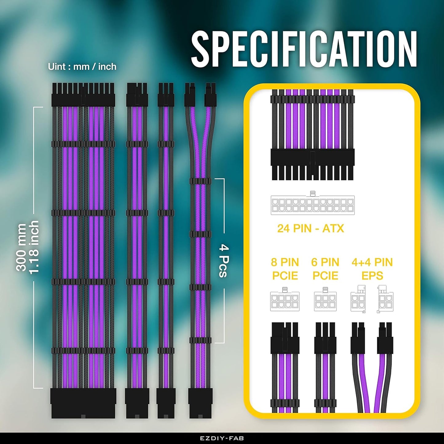 PSU Cable Extension Kit Sleeved Cable Custom Power Supply Sleeved Extension 16 AWG 24-PIN 8-PIN 6-PIN 4+4-PIN with Combs- Black/Purple