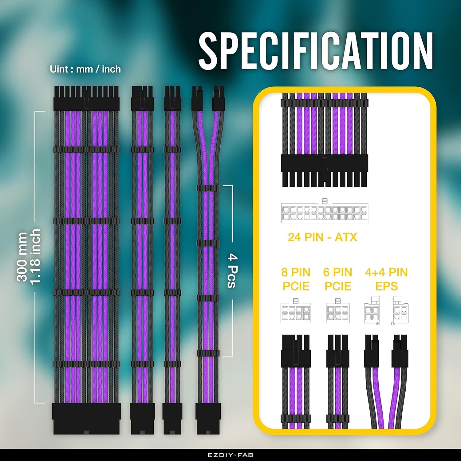PSU Cable Extension Kit Sleeved Cable Custom Power Supply Sleeved Extension 16 AWG 24-PIN 8-PIN 6-PIN 4+4-PIN with Combs- Black/Purple