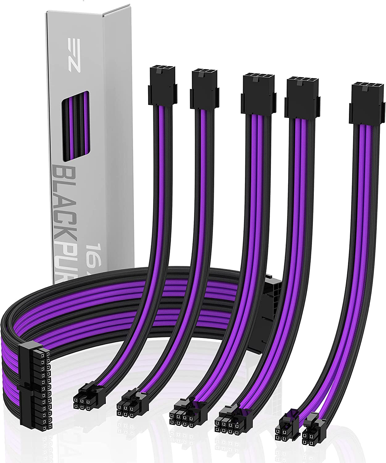 PSU Cable Extension Kit Sleeved Cable Custom Power Supply Sleeved Extension 16 AWG 24-PIN 8-PIN 6-PIN 4+4-PIN with Combs- Black/Purple